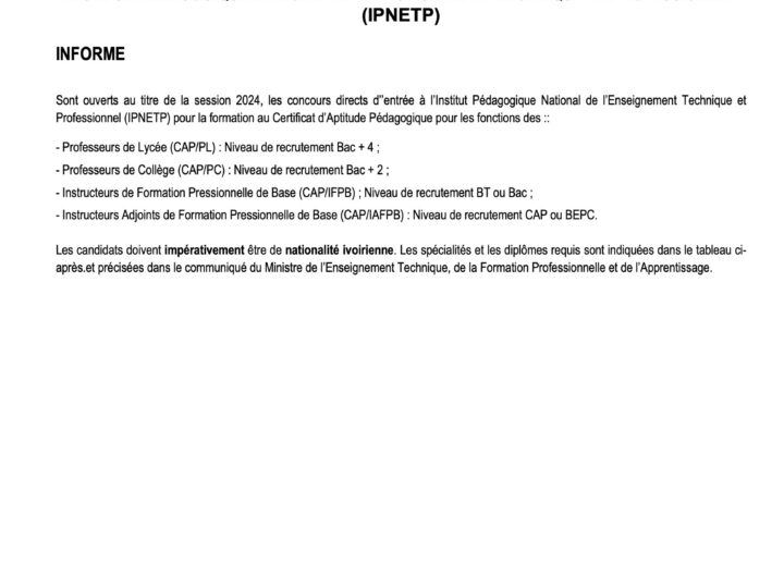 concours directs d’’entrée à l’Institut Pédagogique National de l’Enseignement Technique et Professionnel (IPNETP)