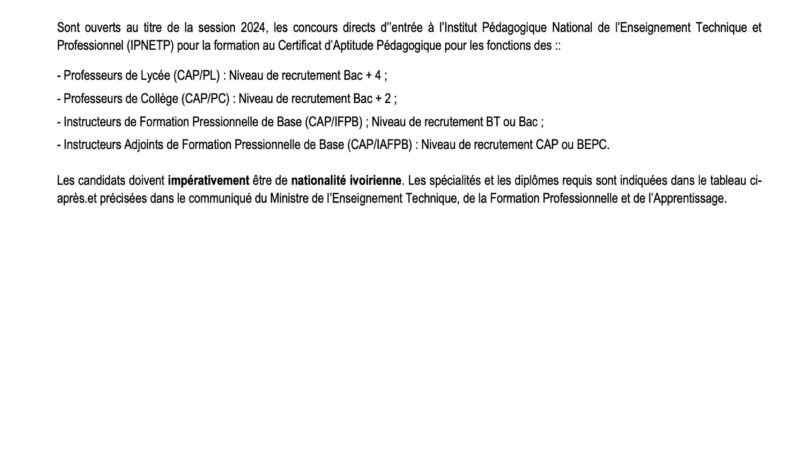 concours directs d’’entrée à l’Institut Pédagogique National de l’Enseignement Technique et Professionnel (IPNETP)