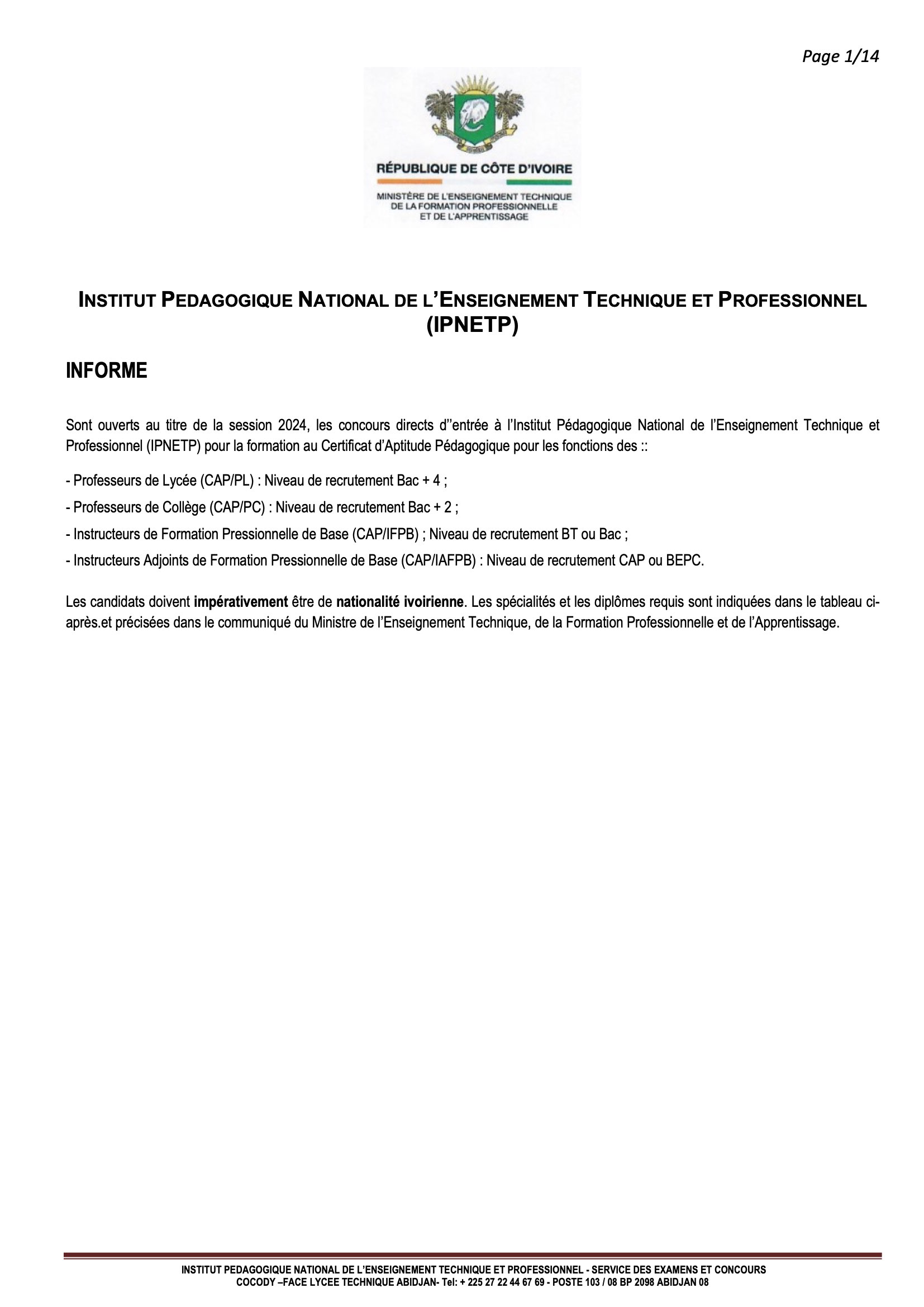 concours directs d’’entrée à l’Institut Pédagogique National de l’Enseignement Technique et Professionnel (IPNETP)